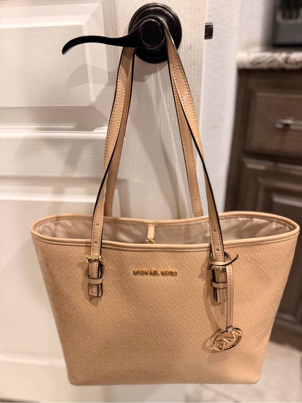 Michael Kors Beige Monogrammed Tote with Gold Hardware